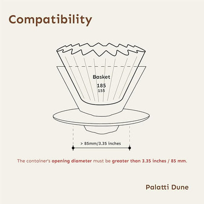 Palatti Dune Porcelain Pour Over Coffee Dripper, Ceramic Pour Over Coffee Maker, Adapt to 185 or 155 Flat Bottom Basket Filters, Medium Flow Rate, Interchangeable Wall and Base, 1-4 cups