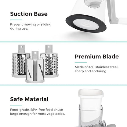 X Home Rotary Cheese Grater for Kitchen, Shredder with 3 Interchangeable Blades, Rotary Grater with Handle and Strong Suction Base, for Vegetables, Fruit, Nuts, Easy to Use and Clean, White