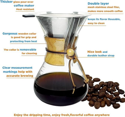 Subjectthree Pour Over Coffee Maker Set 8 Cup Glass Coffee Carafe Dripper with Stainless Filter for Camping Home Office Cafes Easy Clean (8 Cup/28 oz)
