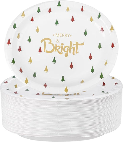 WDF 100 Pack Christmas Paper Plates - 10" x 12"Disposable Christmas Plates Disposable with Christmas Trees-Large Oval Paper Plates Heavy Duty- Party Plates for Christmas