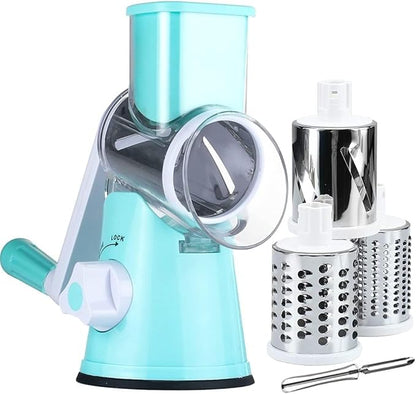 Rotary Cheese Grater with Handle Vegetable Shredder Round Kitchen Slicer Mandoline Grater for Vegetable, Nuts, Chocolate, Cheese, White, 3 Stainless Steel Blades