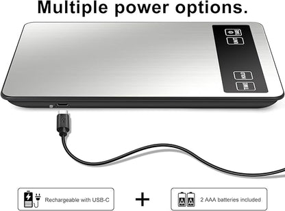 Fuzion Food Scale, 1g/0.1oz Kitchen Scale Grams and Ounces - 22lb, 7 Units, Tare & Timer Functions, Rechargeable Power, Tempered Glass & Stainless Steel - Digital Food Scale for Cooking, Baking
