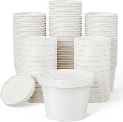 JOLLY PARTY 50pack 12oz Paper Soup Containers with Lids, Disposable Paper Food Cups, Ice Cream Cups, Food Storage with Lids, Microwavable and Freezer Safe, Suitable for Christmas Thanksgiving(White)