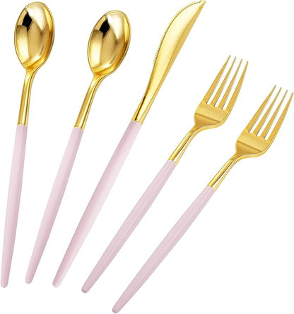 Rubtlamp 90Pcs Gold Plastic Silverware, Thanksgiving Gold Utensils Set With Pink Handles Include 30 Gold Knives, 60Plastic Forks and Spoons, Pink Silverware Heavy Duty For Thanksgiving