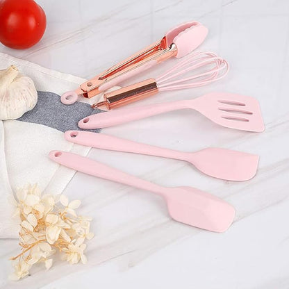 Rose Gold And Pink Kitchen Utensil Small Five-Piece Set Mini Silicone Kids Kitchen Tools Whisk Spatula Tongs Spoon And Slotted Spatula(Kids Baking Supplies)