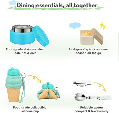 Lunch Box Kids with 5 Compartments, Insulated Food Jar & Utensil & Sauce Container & Lunch Bag & Silicone Collapsible Cup, Leak Proof Bento Box, BPA-Free & Dishwasher Safe-Blue