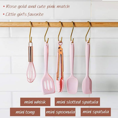 Rose Gold And Pink Kitchen Utensil Small Five-Piece Set Mini Silicone Kids Kitchen Tools Whisk Spatula Tongs Spoon And Slotted Spatula(Kids Baking Supplies)
