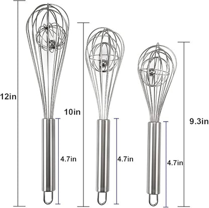 3 Pack 9, 10, 12 inch Balloon Whisk Double Balloon Wire Whisk Blending Whisking Beating Stirring Egg Beater Stainless Steel(with inside Ball)