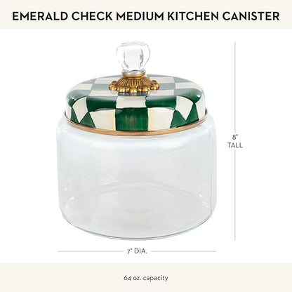 MACKENZIE-CHILDS Medium Kitchen Canister, Decorative Glass Storage Jar with Lid, Green-and-White Emerald Check