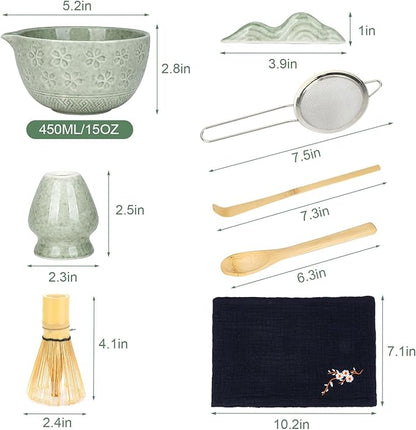Matcha Whisk Set, 8Pcs Matcha Set Kit include Matcha Bowl, Matcha Whisk and Holder, Bamboo Scoop, Scoop Rest, Sifter and Tea Towel, Matcha Whisk and Bowl Set for Matcha Lovers and Beginers