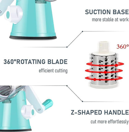 KEOUKE Rotary Cheese Grater Hand Crank Light Blue - Shredder Slicer Grinder 3 Stainless Steel Blades, Stable Suction, Labor-Saving Handle, Safe Kitchen Tool for Cheese, Vegetable, Nuts, Chocolate