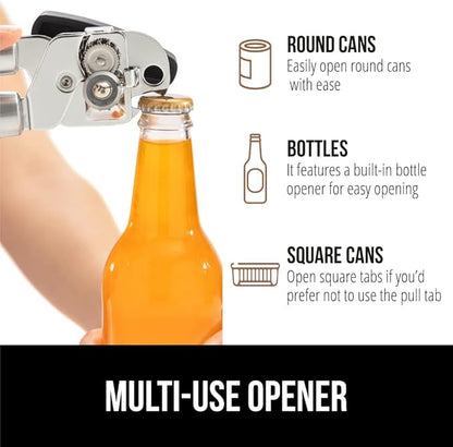 GORILLA GRIP Heavy Duty Stainless Steel Smooth Edge Manual Can Opener and Bottle Openers, Soft Comfortable Handle, Oversized Handheld Turn Knob, US Designed Multifunctional Kitchen Tool, Black