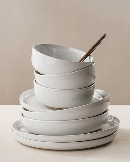 Famiware Milkyway Dinnerware Set with Mugs, Service for 4 (16pcs), Ribbed Stoneware Plates and Bowls Dishes Sets - Chip & Scratch Resistant, Microwave & Dishwasher Safe, White