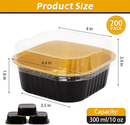 200 Pack 10 oz Black Gold Mini Aluminum Cake Pans with Lids and Spoons, Disposable Square Baking Cups, Oven Safe Foil Ramekins for Individual Desserts, Cupcakes, Cheesecakes Ramekins Muffin