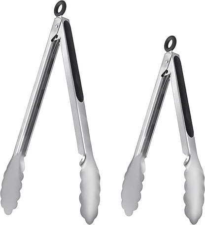 ALLTOP Metal Cooking Tongs,Stainless Steel Food Tong with No-slip Silicon and Locking Ring for Kitchen - 9 &12 inch,Set of 2-Black