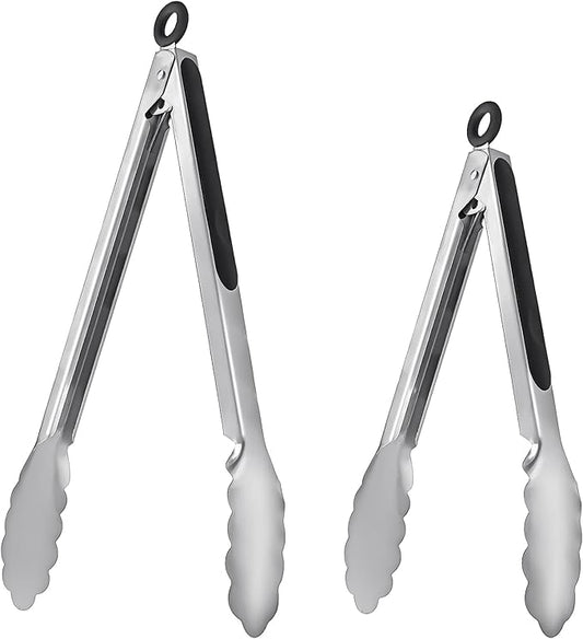 ALLTOP Metal Cooking Tongs,Stainless Steel Food Tong with No-slip Silicon and Locking Ring for Kitchen - 9 &12 inch,Set of 2-Black
