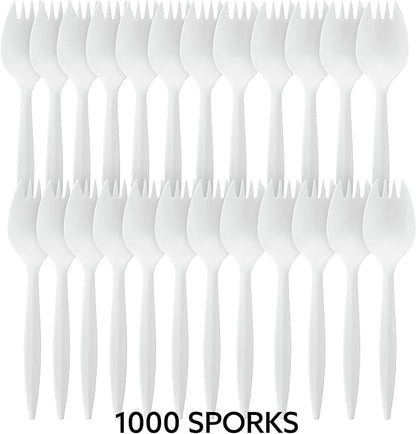 Plasticpro Cutlery Plastic Sporks Medium Weight Disposable Silverware White (1000 Count)