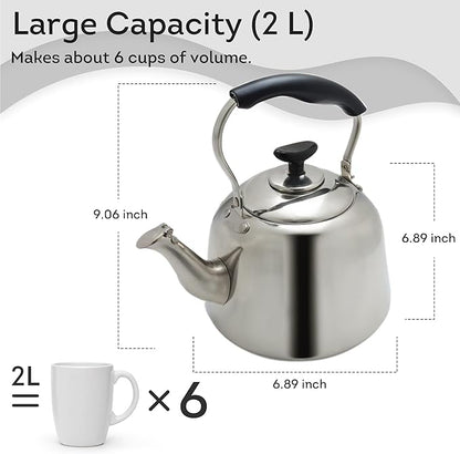 Lily's Home Whistling Tea Kettle for Stovetop, 2 Quart Stainless Steel Water Kettle with Loud Whistle, Cool-Touch Handle & Induction Compatible Base - For Gas, Electric, & Induction Cooktops
