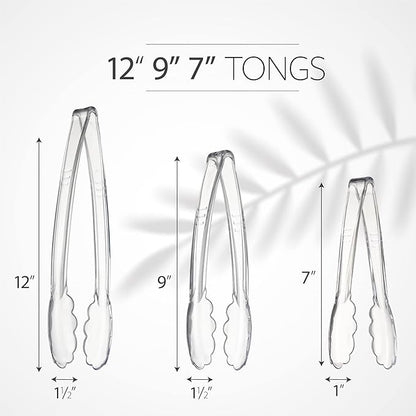 PlasticPro Clear Serving Tongs Combo Set - 4 Each of 7.5'', 9'', 12'' Heavy Duty Reusable Kitchen and BBQ Tongs for Parties, Caterings, Events, Buffet, Weddings - Pack of 12