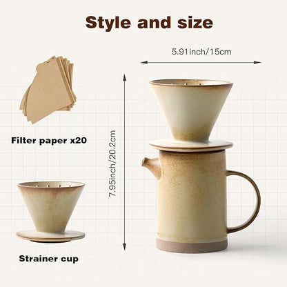 Pour Over Coffee Maker Set Vintage Ceramic Pour Over Coffee Dripper Set with 20 Count Paper Coffee Filters,for Home Café Restaurant Camping,15.8 Ounces(Yellow)