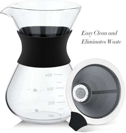 Zopsc 400ml Manual Hand Drip Glass Coffee Maker Pot with Stainless Steel Filter, Marks, Fine Mesh, Suitable for Kitchen, Dining Table, Easy to