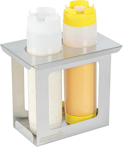 Restaurantware Squeeze Bottle Holder Pack of 1 Stainless Steel 2 Hole Bottle Holder, 2.5" Diameter Fits 1/9 Size Opening, Dishwasher Friendly Integrated Lip Design Holder for Condiment Bottles