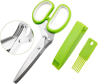 Herb Scissors, Multipurpose Sharp Kitchen Herb Cutter Shears with 5 Stainless Steel Blades, Safety Cover, Cleaning Comb, Cool Kitchen Gadgets for Cutting Fresh Garden Herbs, Dishwasher Safe