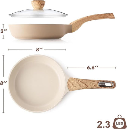 SENSARTE Ceramic Nonstick Frying Pan Skillet with Lid 8inch Non Stick Pan Omelet Pans, Non-toxic Healthy Kitchen Cooking Chef's Pan, Free of Intentionally Added PFAS/PTFE, Induction Compatible, Taupe