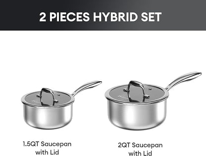 COOKER KING Sauce Pan Set, 1.5 QT & 2 QT Saucepan with Lid, Hybrid Ceramic Nonstick Saucepan, non stick Sauce pot, Stainless steel Cookware, Induction Compatible (PFAS/PFOA/PTFE Free)