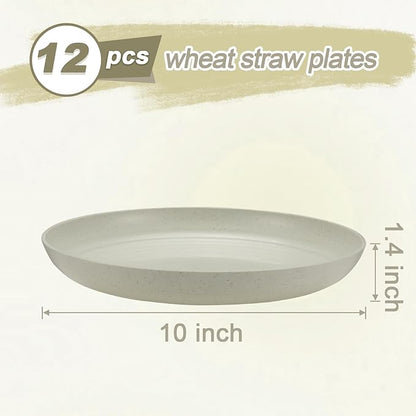 12 Pcs Unbreakable Deep Dinner Plates Set, 10 inch Reusable Plastic Wheat Straw Plates, Microwave and Dishwasher Safe Plate for Kitchen, Lightweight Plate for Dessert, BPA Free, Beige