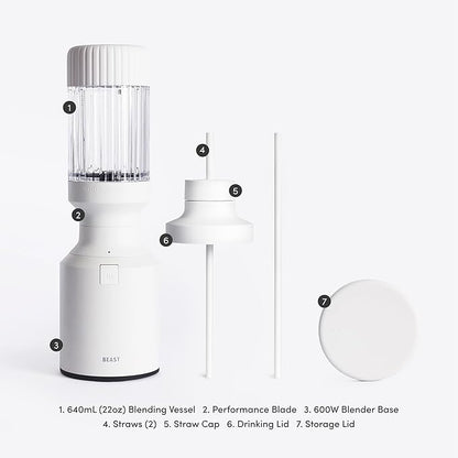The Beast Mini Blender | Mini Countertop Kitchen Blender | Blend Smoothies and Shakes, Dressings, Sauces, Dips | Straw Cap and Straws Included | 600W (Cloud White)