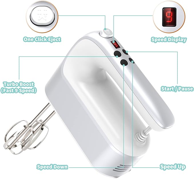 9-Speed Digital Hand Mixer Electric, 400W Powerful DC Motor, Baking Mixer Handheld with Snap-On Storage Case, 5 Stainless Steel Accessories, Flat Beaters, Dough Hooks, Whisk (Silvery & White)