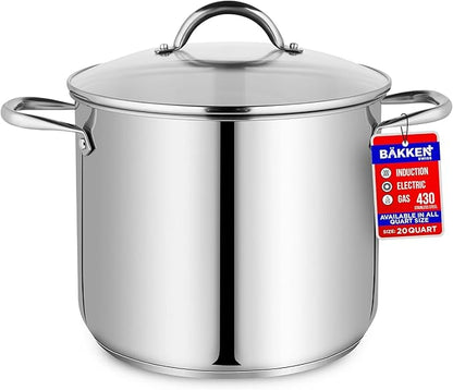 Stainless Steel Stockpot with Tempered Glass Lid 20 Quart, Durable 18/0 Stainless Steel, Impact-Bonded Base for Even Heating, Riveted Handles, Oven & All Stove Compatible, Safe Up To 500°F (260°C)