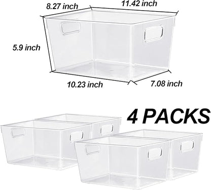 4pcs Clear Storage Bins Clear Storage Containers for Kitchen Pantry Organization, Organizing Bins with Built in Handles, Cabinet Organizers
