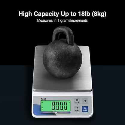 Polit KT-66 Digital Kitchen Scale 18lb/8000g｜0.02oz/0.5g Precision Food Scale with LCD Display｜Battery or Plug-in｜Stainless Steel Top｜Grams & Ounces｜5 Units for Baking, Cooking, Farming & Shipping