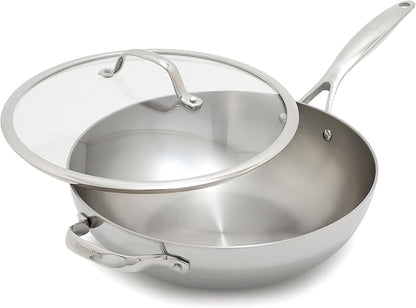 GreenPan Valencia Tri-Ply Stainless Steel 12" Wok Pan with Lid, Induction Ready Skillet, Mirror Finish, Dishwasher Safe & Oven/Broiler Safe to 600F, Compatible with All Cooktops, Silver