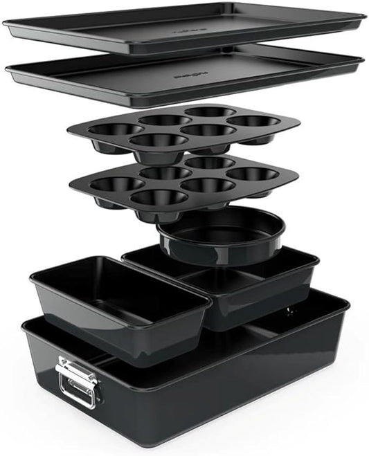 NutriChef 8-Piece Stackable Nonstick Bakeware Set - Premium Steel Baking Pans Set - Includes Round Cake Pan, 6-Cup Muffin Pans, Wide/Square Brownie & Loaf Pans, Cookie Sheet, & Roaster Pan (Black)