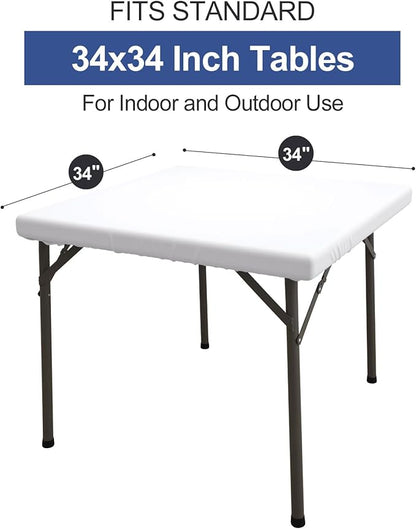 homing Square Table Cloth Cover, Waterproof Polyester Elastic Fitted Tablecloth, Washable Table Protector for Picnic, Camping, Outdoor (White, 34" x 34")