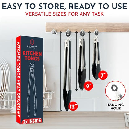 Kitchen Tongs for Cooking with Silicone Tips, Heat Resistant Tongs for Serving Food, 7-Inch, 9-Inch, 12-Inch Locking Silicone Tong, Set of 3 Salad Tong, Black Kitchen Utensils