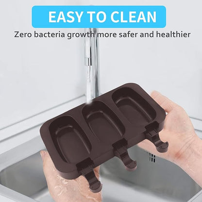 Popsicle Molds Set of 2, Ice Pop Molds Silicone, 3 Cavities Ice Cream Oval Cake Pop Mold with 100 Wooden Sticks for DIY Popsicle, Cake (Brown)