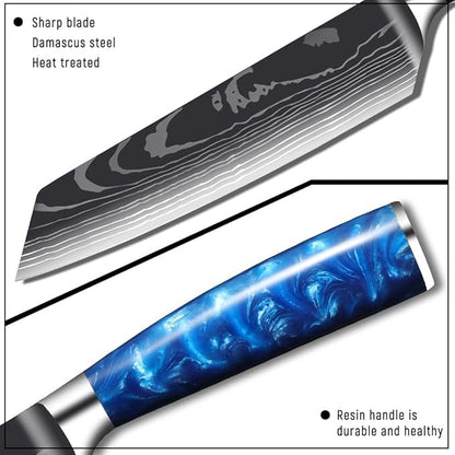 8-Piece Premium Japanese Kitchen Knife Set - Imperial Collection, Laser Damascus Pattern, 440A Stainless Steel Ultra Sharp for Fast Cutting (Blue 8J)