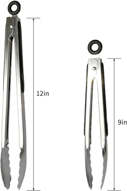 ALLTOP Metal Cooking Tongs,Stainless Steel Food Tong with No-slip Silicon and Locking Ring for Kitchen - 9 &12 inch,Set of 2-Black