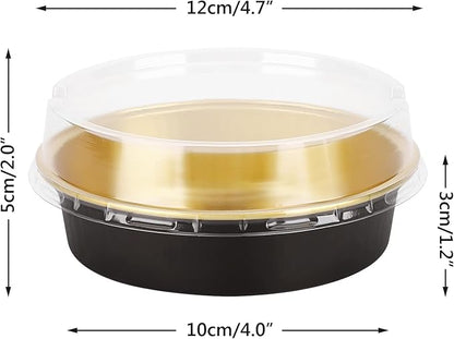 Beasea Aluminum Cupcake Pans With Lids, 4 Inch 50 Pack Disposable Pie Pans For Cake, 8 Oz Aluminum Pie Pan Tin Black Golden Tart Pans Round Oven Baking Mini Cake Pan For Pie Tart Quiche