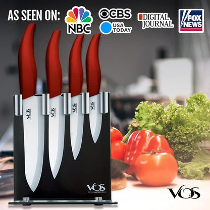 Vos Ceramic Knife Set, Ceramic Knives Set For Kitchen, Ultra Sharp Kitchen Knife Set with Covers, 3" 4" 5" 6" Paring, Santoku, Chef Knife & Utility, Lightweight, Dishwasher safe (Red with Block)