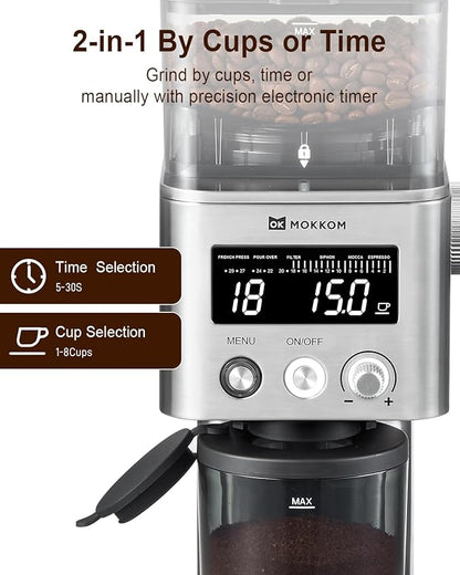 MOKKOM Coffee Grinder, Anti-static Conical Burr Coffee Bean Grinder, Adjustable Electric Burr Mill with 31 Precise Settings for Espresso/Drip/Pour Over/Cold Brew/French Press Coffee Maker