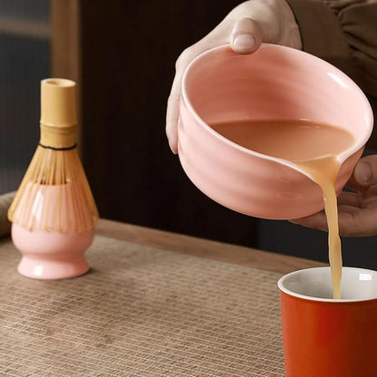 Matcha Tea Set, 5-Piece Ceremonial Kit with Ceramic Matcha Bowl (Chawan), Bamboo Whisk (Chasen) & Holder, Stainless Steel Sifter, Bamboo Scoop (Chashaku) — Japanese Tea Ceremony Gift (Pink)