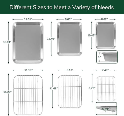 18/0 Stainless Steel Baking Sheet with Cooling Rack, Oven-Safe Non-Toxic Cookie Sheets for Baking, Set of 6, Coating Free & Rust Resistant for Healthy Family Baking, Easy to Clean, Heavy-Duty