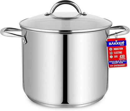 Stainless Steel Stockpot with Tempered Glass Lid 24 Quart, Durable 18/0 Stainless Steel, Impact-Bonded Base for Even Heating, Riveted Handles, Oven & All Stove Compatible, Safe Up To 500°F (260°C)