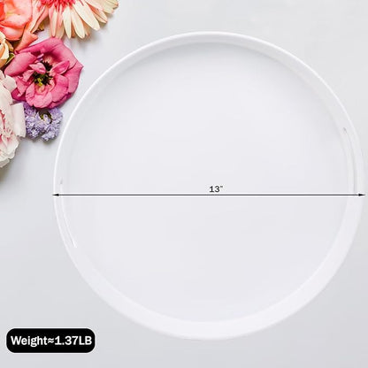 Round White Decorative Serving Tray with Handles, 13” Versatile Ottoman Tray for Coffee Table, Entertaining, Outdoor Patio, Living Room