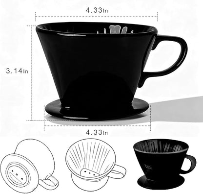 Handmade Pour Over Ceramic Coffee Dripper - Authentic Brewing Experience for Camping, Office, and Home (Black)